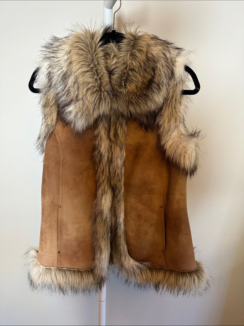 Tasha Polizzi Faux Fur Trimmed Suede Vest in Camel